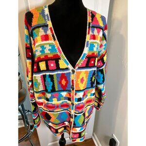 Vintage Susan Bristol Hand-Knitted‎ Multicolor Geometric Cardigan 2W